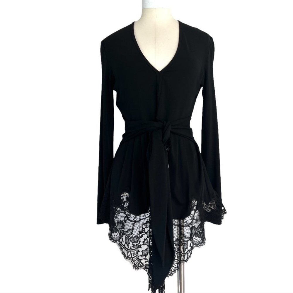 ⚛️ Givenchy deep V Neck Belted Black Button Down Asymmetrical lace trim
